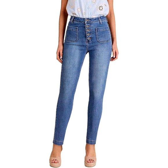 Denim - Women's High-Waisted Skinny Jeans Denim 12 Retro 5-Button Tummy Control
